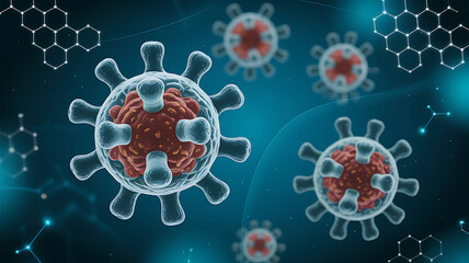 Microscopic view of virus particles with molecular structures in background biology science