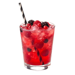 A refreshing glass of vibrant red berry cocktail with crushed ice and a striped straw