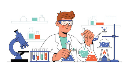 Chemistry experiment with flasks and liquid reactions in modern flat vector style, ideal for science education, laboratory research, and STEM visuals
