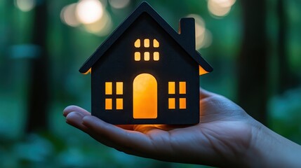 A hand is holding a small house with a lit light inside. The house is black and the light is yellow. Scene is warm and cozy