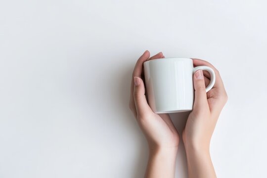 Hands gently holding a cold coffee mug in a relaxed slouched position, showcasing a moment of comfort and tranquility with soft lighting and minimalistic background