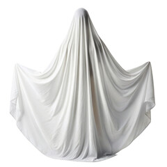 A person disguised as a ghost under a white sheet isolated on a black background