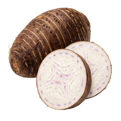 Whole taro root and two fresh slices revealing white flesh with purple veins on black background