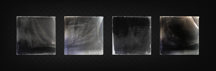 Naklejka premium Vinyl plastic wraps with realistic wrinkles and creases on dark bg. Clear polyethylene film covers with glossy texture, scratches and distressed surface effects - mockup sleeves for CD album packaging