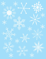 White snowflake set on light blue winter background