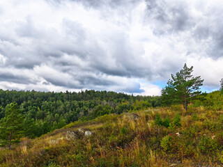 A picturesque scene unfolds with a cloudy sky overhead, beautifully contrasted against a vibrant green hill