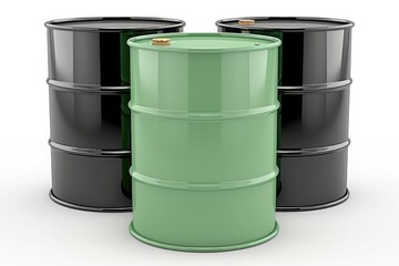 3d green and black oil barrels on white background with isolated composition for energy industry design