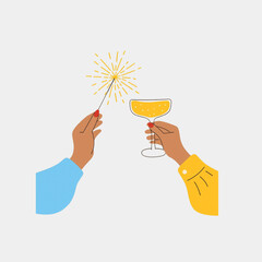 hands celebration sparkler champagne glass festive vector illustration isolated transparent background