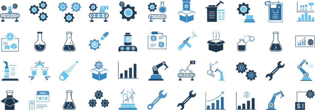 Industrial automation and manufacturing outline icon set featuring machinery, engineering processes, production tools, and factory technology
