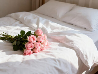 Bouquet of pink roses on a cozy bed