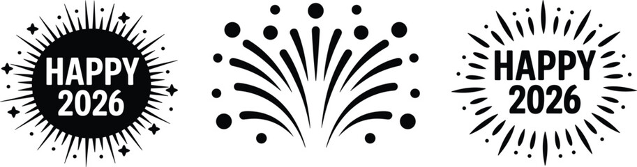 Three Black and White Happy 2026 New Year Celebration Icons abstract