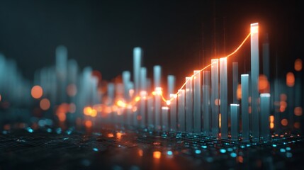 Abstract representation of financial data with glowing bars and rising graphs depicting market trends and analytics in a modern digital environment