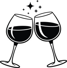 Two black silhouette wine glasses clinking with sparkling stars on a white background Keywords: wine, glasses, clinking, toast