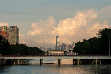 sunset over the city in autumn