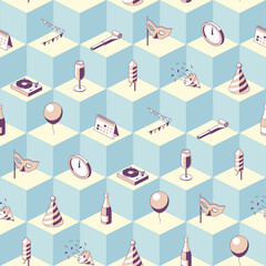Black and white New year's eve party isometric seamless pattern on geometric background
