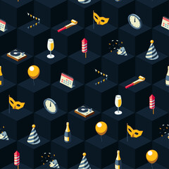 New year's eve party isometric seamless pattern on dark geometric background