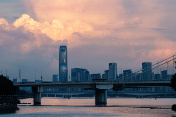 sunset over the city in autumn