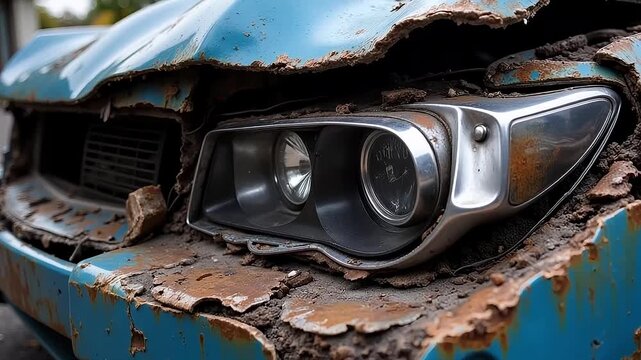 Close-up of a severely damaged blue car with rust and debris