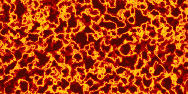 Abstract seamless lava bg top view. Yellow orange and dark brown spots of magma or sun photosphere with boiling plasma. Liquid fire pattern. Vector illustration