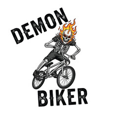 Fototapeta premium A fiery-headed skeleton riding a BMX bike with 'DEMON BIKER' text, in a grunge illustration style.