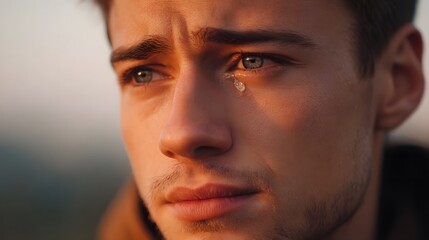 A man s face with a tear looking pensive and sad in the soft golden light of dawn or dusk