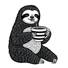 Obraz premium A cute black and white linocut illustration of a happy sloth sitting and drinking from a striped mug with a straw.