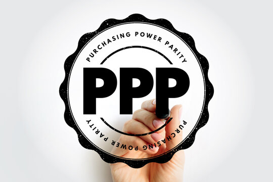PPP Purchasing Power Parity stamp illustration with visible hand holding marker drawing circular badge design, emphasizing economic term and financial concept