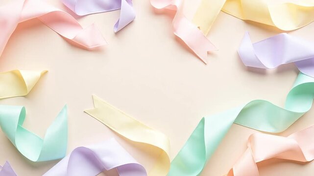 Colorful pastel ribbons flowing on cream background for celebration