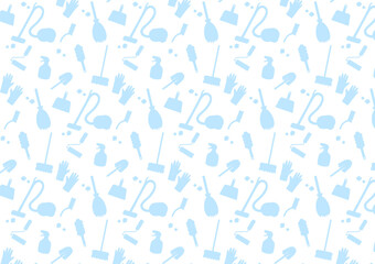 お掃除道具のシルエット柄シームレスパターン素材（パステルブルー）