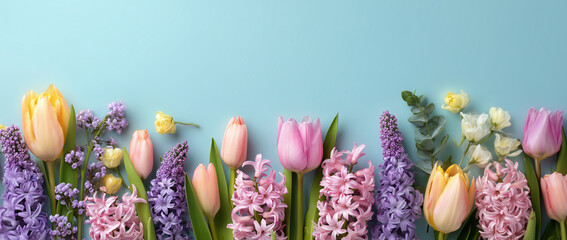 Spring Flowers Border on Blue Background with Copy Space