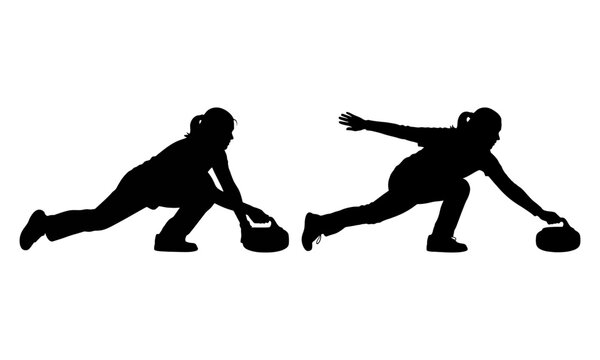 Silhouette of a female curler in a dynamic pose, preparing to release a curling stone