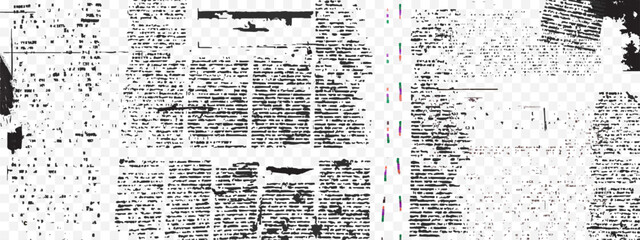 Old newspaper collage background with illegible text and vintage newsprint texture. Grunge paper pattern with retro magazine clippings, abstract typography and aged print design for creative media. © klyaksun