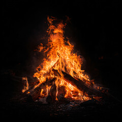 Fototapeta premium Mystical fire creature or bonfire figure with ethereal flames against dark background