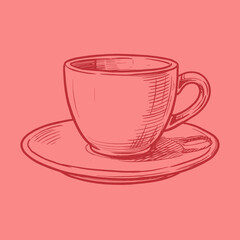 Engraved Coffee Cup Sketch.Vintage Espresso Mug Line Art.Hand Drawn Monochrome Tea Cup.Retro Cafe Drink Illustration.Cup and Saucer Engraving