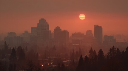 City skyline at sunset with hazy atmosphere and warm orange tones, capturing urban landscape and natural beauty in a tranquil moment against pollution