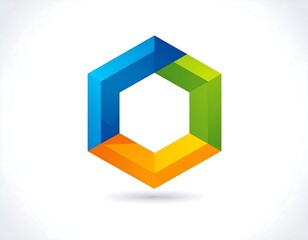 A vibrant, geometric figure with a hexagonal shape, formed by interconnected, colored segments. The design features a gradient effect