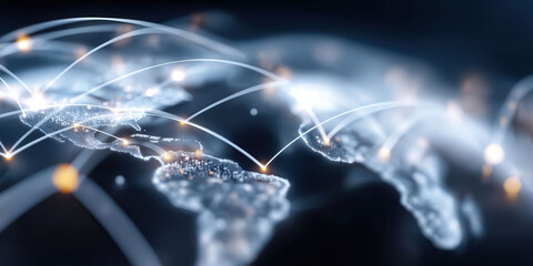 Global network visualization displays interconnected continents with glowing pathways.