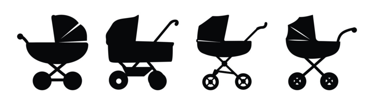 Vintage Baby Stroller Icons, Retro Pram Silhouettes, Classic Carriage Set