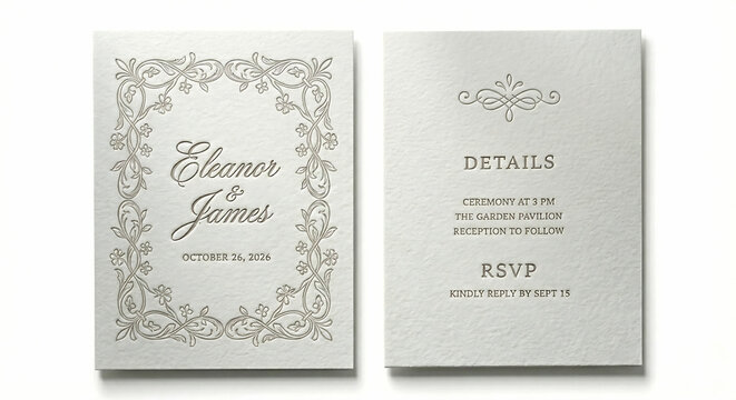 Elegant letterpress wedding invitation suite. Features a classic floral vine frame on textured paper. A timeless design for formal and romantic weddings.