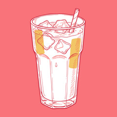 Iced drink vector sketch.Refreshing beverage illustration.Outline glass with straw.Vintage soda drawing.Retro cocktail doodle