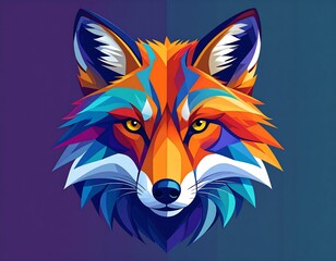 A vibrant, geometric illustration of a fox's head with a frontal view. The design showcases an array of colorful polygon shapes