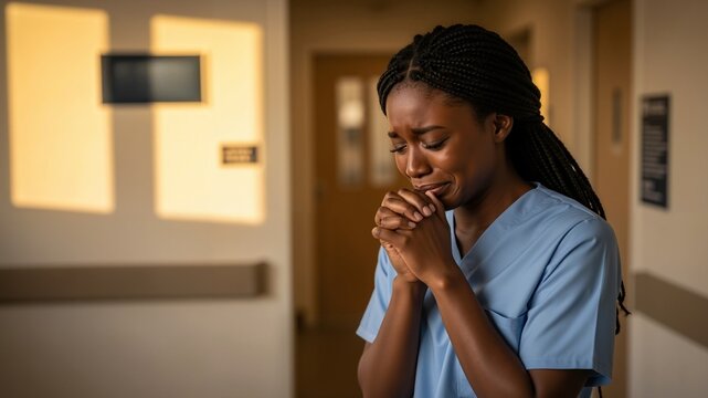 Female nurse praying in hospital corridor during difficult time  