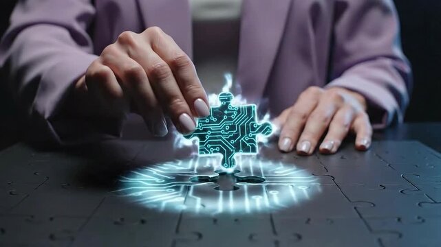 Close up of a persons hands holding a glowing puzzle piece over a circuit board.