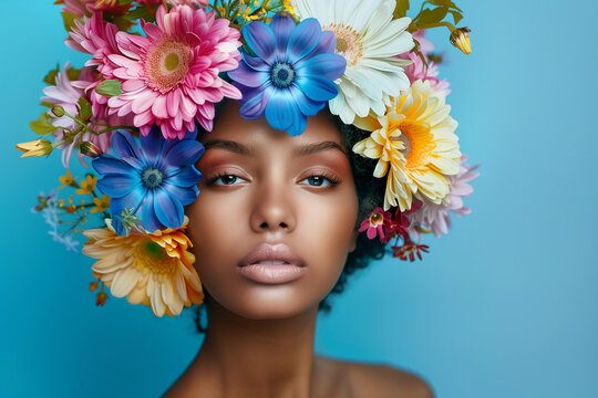 Mujer de raza negra con flores en el cabello