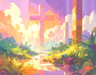 A vibrant, geometric landscape bathed in warm light, featuring a giant cross, water, and lush foliage. The overall style is stylized and colorful