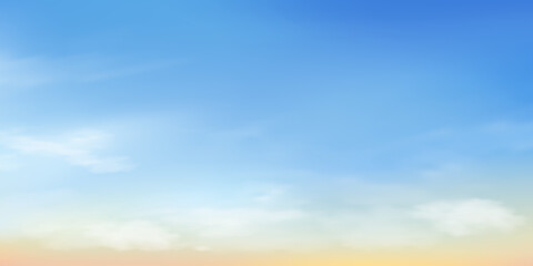 Sky,cloud background,Sunrise blue,yellow,white cloud with daylight on spring,Vector graphic cartoon illustration of sunset over beach on summer,Nature banner landscape for easter