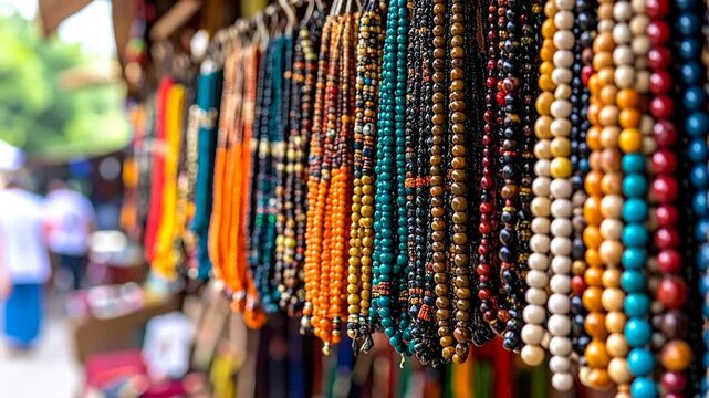 Close-up of colorful beaded necklaces on display at an outdoor market stall