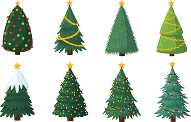 Collection of festive decorated Christmas trees with ornaments and lights, perfect for holiday designs