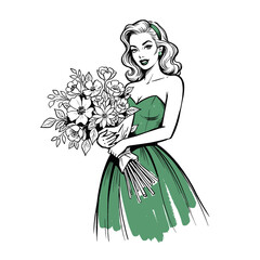 Retro woman with bouquet.Pin up girl sketch.Vintage fashion illustration.Bridesmaid in green dress.Hand drawn beautiful lady