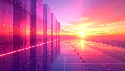 夕焼け雲を映す紫とピンクのガラス壁が並ぶ通路